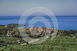 Aerial view of the wonderful seaside village of Kardamyli, Greece located in the Messenian Mani area. It`s one of the most