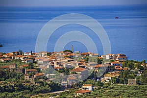 Aerial view of the wonderful seaside village of Kardamyli, Greece located in the Messenian Mani area. It`s one of the most