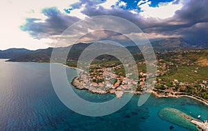 Aerial view of the wonderful seaside village of Kardamyli, Greece located in the Messenian Mani area. It`s one of the most