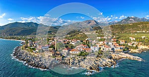 Aerial view of the wonderful seaside village of Kardamyli, Greece located in the Messenian Mani area. It\'s one of the most