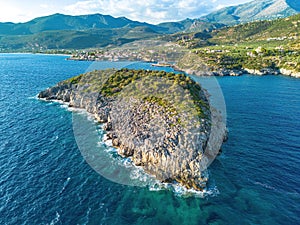 Aerial view of the wonderful seaside village of Kardamyli, Greece located in the Messenian Mani area. It's one of the most