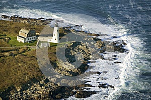 Aerial view of Wood Island Lighthouse on Maine coastline, Biddeford Pool, south of Portland