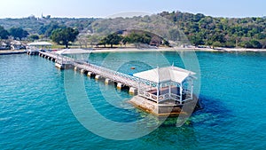 Aerial view of wood waterfront pavilion in Koh si chang island, Thailand. AsDang Bridge