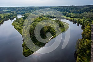 Aerial view of a wooded island on the Neris River in Lithuania