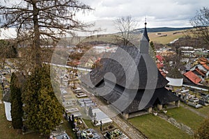 Aerial view of wooden articular church of All Saints, Tvrdosin, Slovakia