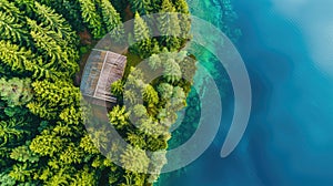 Aerial view of wooden cabin or cottage in green pine forest by the blue lake