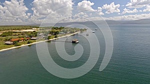 Aerial view of wooden dock and hut at the Gulf of Cariaco