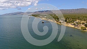 Aerial view of wooden dock and hut at the Gulf of Cariaco