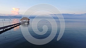 Aerial view of wooden dock and hut at the Gulf of Cariaco