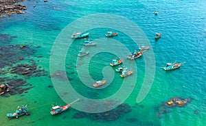 Aerial View Of Wooden Fishing Boat On Sea An Thoi Harbour In Phu Quoc, Vietnam.