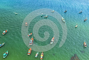 Aerial View Of Wooden Fishing Boat On Sea An Thoi Harbour In Phu Quoc, Vietnam.