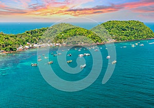 Aerial View Of Wooden Fishing Boat On Sea An Thoi Harbour In Phu Quoc, Vietnam.