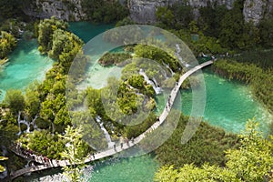 Aerial view of wooden footbridge over lake. Plitvice lakes national park, Croatia