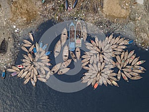 Aerial view of Wooden passenger boats along the Buriganga River, Keraniganj, Dhaka, Bangladesh