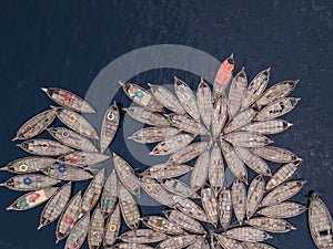 Aerial view of Wooden passenger boats along the Buriganga River, Keraniganj, Dhaka, Bangladesh