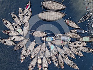 Aerial view of Wooden passenger boats along the Buriganga River, Keraniganj, Dhaka, Bangladesh