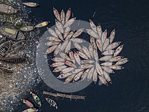 Aerial view of Wooden passenger boats along the Buriganga River, Keraniganj, Dhaka, Bangladesh