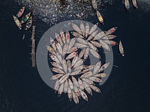 Aerial view of Wooden passenger boats along the Buriganga River, Keraniganj, Dhaka, Bangladesh