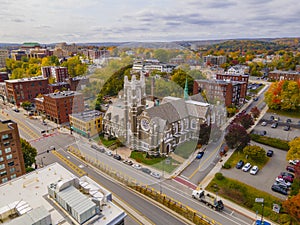 Aerial view of Worcester city in fall, MA, USA