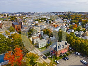 Aerial view of Worcester city in fall, MA, USA