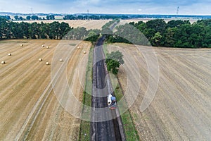 Aerial view on working asphalt scrapping machine