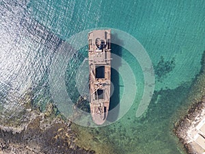 Aerial view of a wreck of a ship in the Atlantic ocean. Wreck of the Greek cargo ship: Telamon. Lanzarote, Canary Islands, Spain