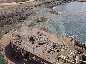 Aerial view of a wreck of a ship in the Atlantic ocean. Wreck of the Greek cargo ship: Telamon. Lanzarote, Canary Islands, Spain