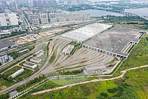 Aerial view of Wuhan Metro high-speed train depot in China