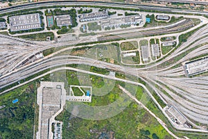 Aerial view of Wuhan Metro high-speed train depot in China