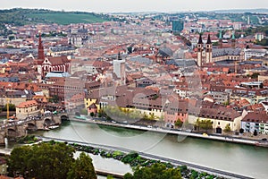 Aerial view of Wurzburg skyline and Main river in beautiful even