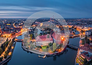 Aerial view of Wyspa Piasek in the Odra river, Wroclaw