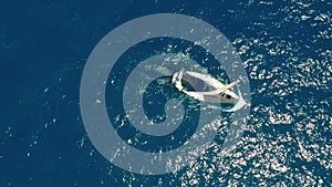 Aerial view. Yacht sailing on open sea at sunny day. Sailing boat.