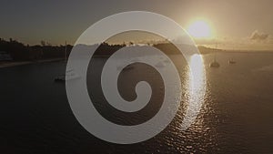 Aerial view of yachts in bay of Mauritius at sunset