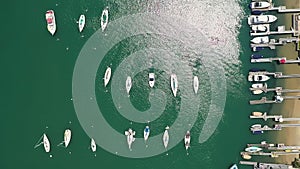 Aerial view of yachts in Newport Beach marina in California