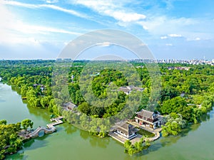 Aerial view Yangzhou Slender West Lake Yangzhou Slender West Lake scenic spot and Daming Temple, Jiangsu province, China