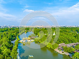 Aerial view Yangzhou Slender West Lake Yangzhou Slender West Lake scenic spot and Daming Temple, Jiangsu province, China