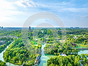 Aerial view Yangzhou Slender West Lake Yangzhou Slender West Lake scenic spot and Daming Temple, Jiangsu province, China