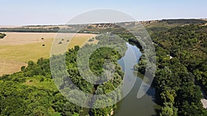 Aerial view of Yantra River, passing near the town of Byala, Bulgaria