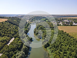 Aerial view of Yantra River, passing near the town of Byala, Bulgaria