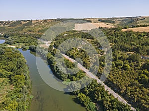 Aerial view of Yantra River, passing near the town of Byala, Bulgaria