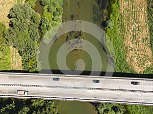 Aerial view of Yantra River, passing near the town of Byala, Bulgaria