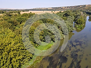 Aerial view of Yantra River, passing near the town of Byala, Bulgaria