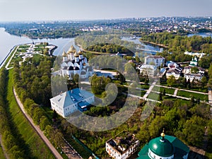 Aerial view of Yaroslavl with Assumption Cathedral and Strelka park
