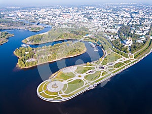 Aerial view of Yaroslavl with Strelka park and Assumption Cathedral