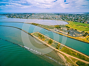 Aerial view of Yarra river mouth and Williamstown.