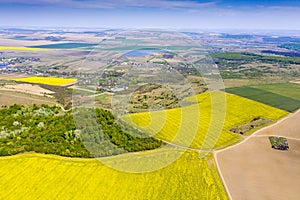 Aerial view of yellow and green fields