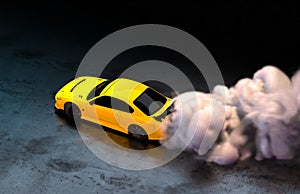 Aerial View of a Yellow Luxury Sports Car Drifting with Smoke.