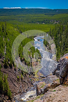 Aerial view of Yellowstone river plunging down into the grand canyon of yellowstone.