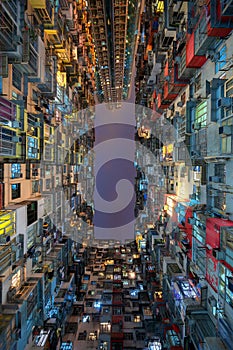 Aerial view of Yick Fat Building, Quarry Bay, Hong Kong. Residential area in old apartment. High-rise building, skyscraper with