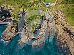 Aerial View of Yongmeori Coastal Walk on Jeju Island, South Korea. Rough Geological Formation Made with Erosion